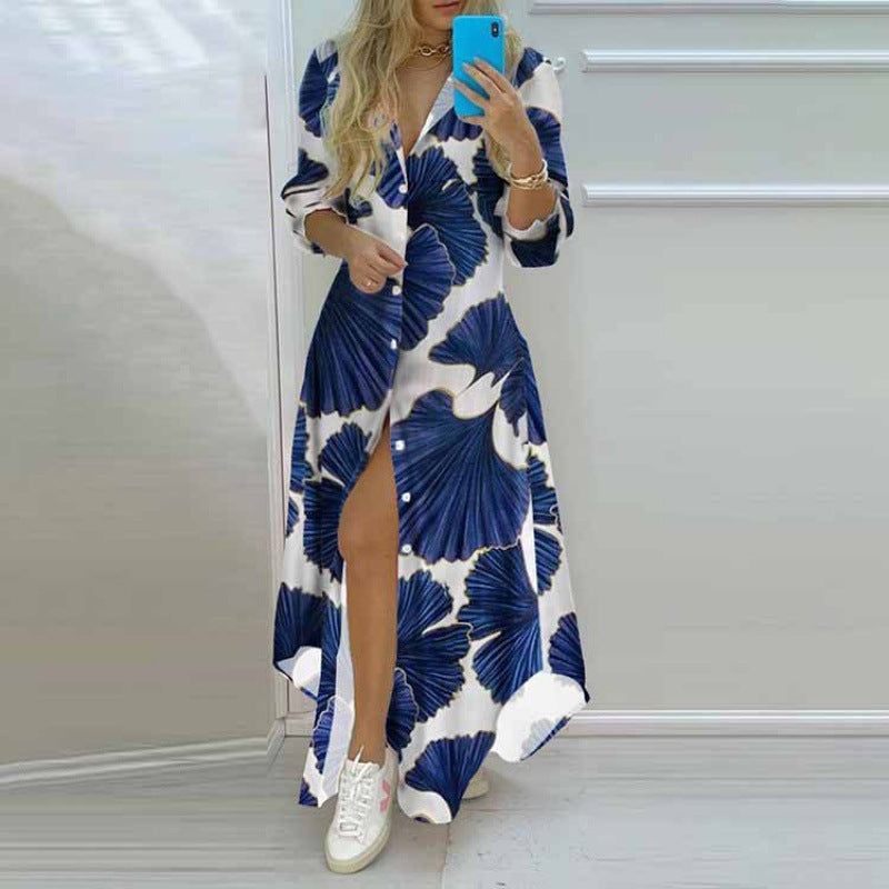 Christmas printed single-breasted slit shirt dress with festive holiday design, featuring a classic collar and button closure.