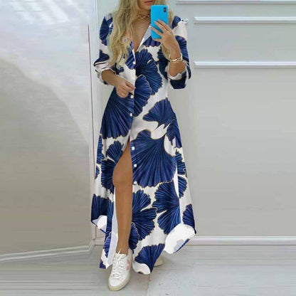 Christmas printed single-breasted slit shirt dress with festive holiday design, featuring a classic collar and button closure.