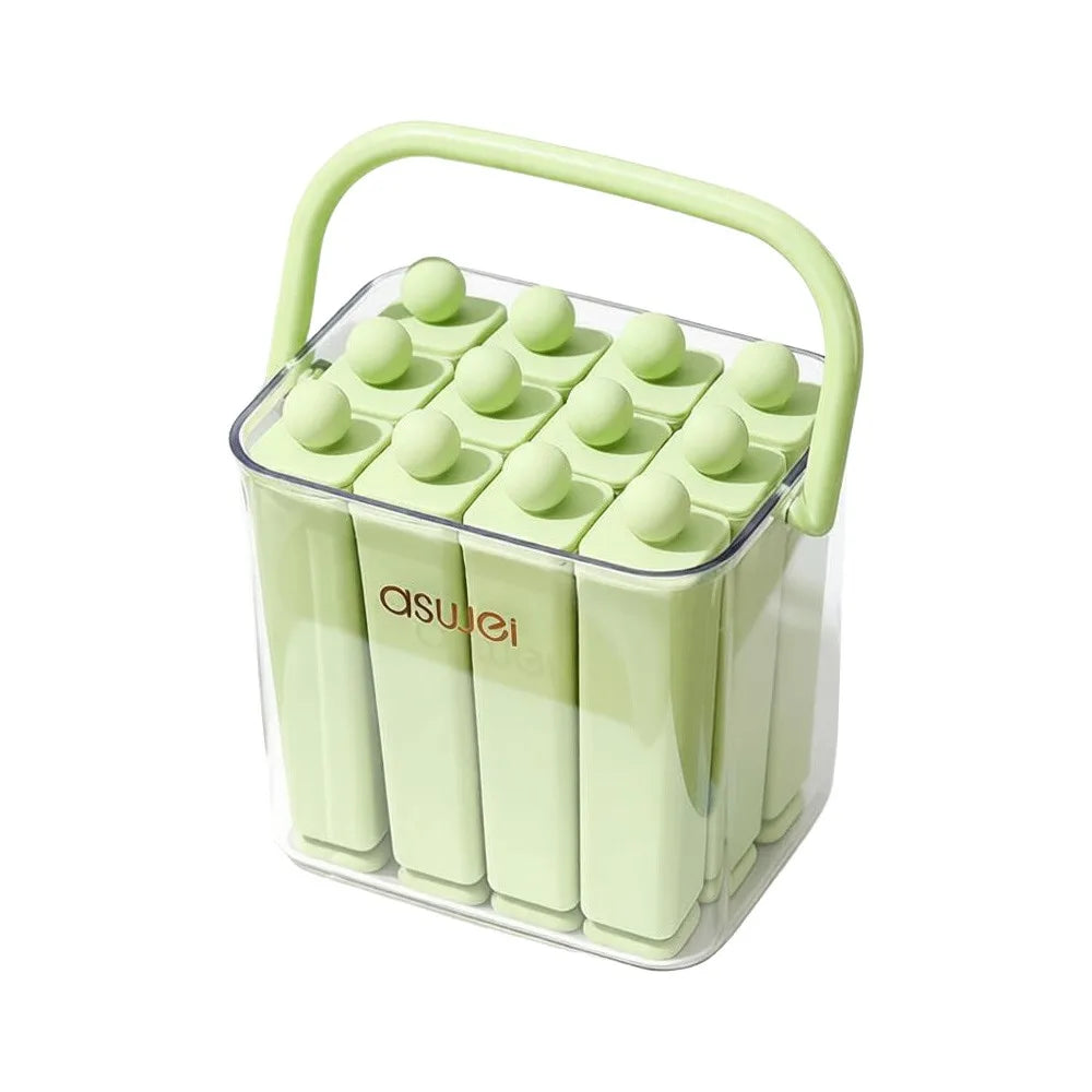 URBANOMAX silicone popsicle mold with lid showing colorful frozen popsicles inside, perfect for homemade frozen treats.