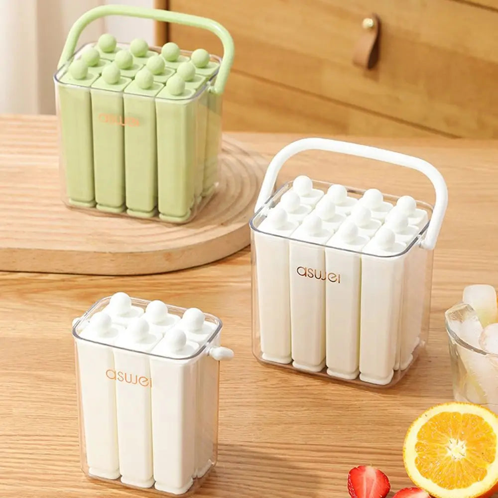 Urbanomax silicone popsicle mold with lid, showing colorful homemade frozen treats in a clear silicone mold with a lid.