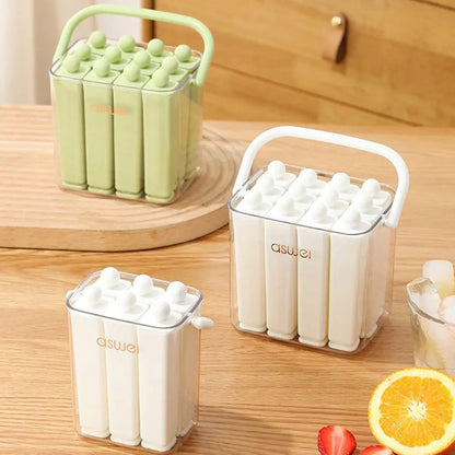 Urbanomax silicone popsicle mold with lid, showing colorful homemade frozen treats in a clear silicone mold with a lid.