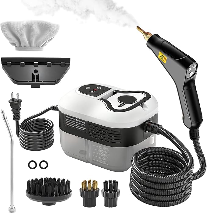URBANOMAX pressurized handheld steam cleaner with a water tank and steam nozzle, designed for deep cleaning and sanitizing surfaces.