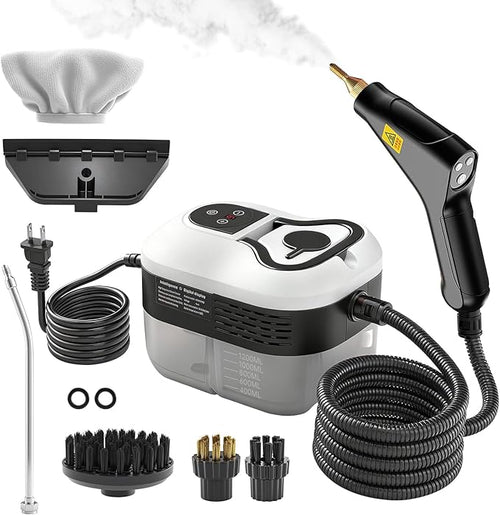 URBANOMAX pressurized handheld steam cleaner with a water tank and steam nozzle, designed for deep cleaning and sanitizing surfaces.