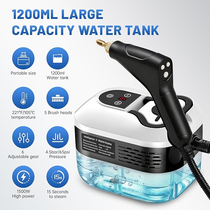 URBANOMAX handheld steam cleaner with a pressure pump, featuring a compact design and a water tank for deep cleaning.