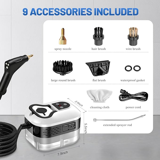 URBANOMAX pressurized handheld steam cleaner with a trigger and water tank, ready for deep cleaning and sanitizing surfaces.