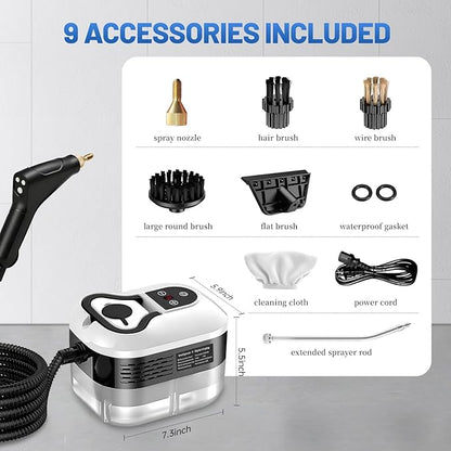 URBANOMAX pressurized handheld steam cleaner with a trigger and water tank, ready for deep cleaning and sanitizing surfaces.
