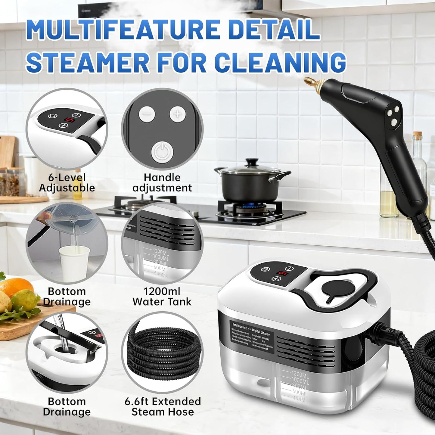 URBANOMAX pressurized handheld steam cleaner with a trigger and water tank, ready for deep cleaning and sanitizing surfaces.