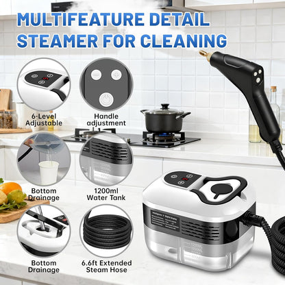 URBANOMAX pressurized handheld steam cleaner with a trigger and water tank, ready for deep cleaning and sanitizing surfaces.
