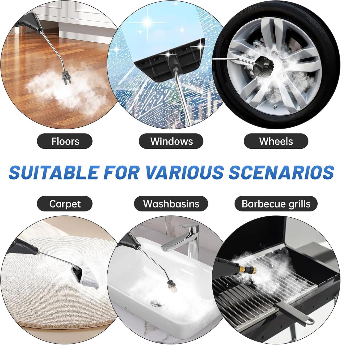 URBANOMAX pressurized handheld steam cleaner with a nozzle and water tank, ready for deep cleaning and sanitizing surfaces.